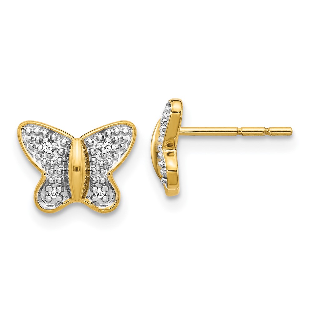 14k Yellow Genuine Gold With Rhodium Diamond Butterfly Post Earrings